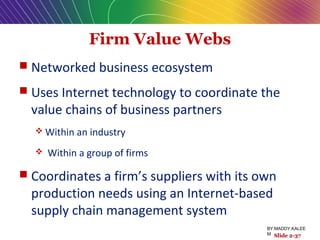 Firm Value Webs
 Networked business ecosystem
 Uses Internet technology to coordinate the
value chains of business partners
 Within an industry
 Within a group of firms
 Coordinates a firm’s suppliers with its own
production needs using an Internet-based
supply chain management system
Slide 2-37
BY:MADDY.KALEE
M
 
