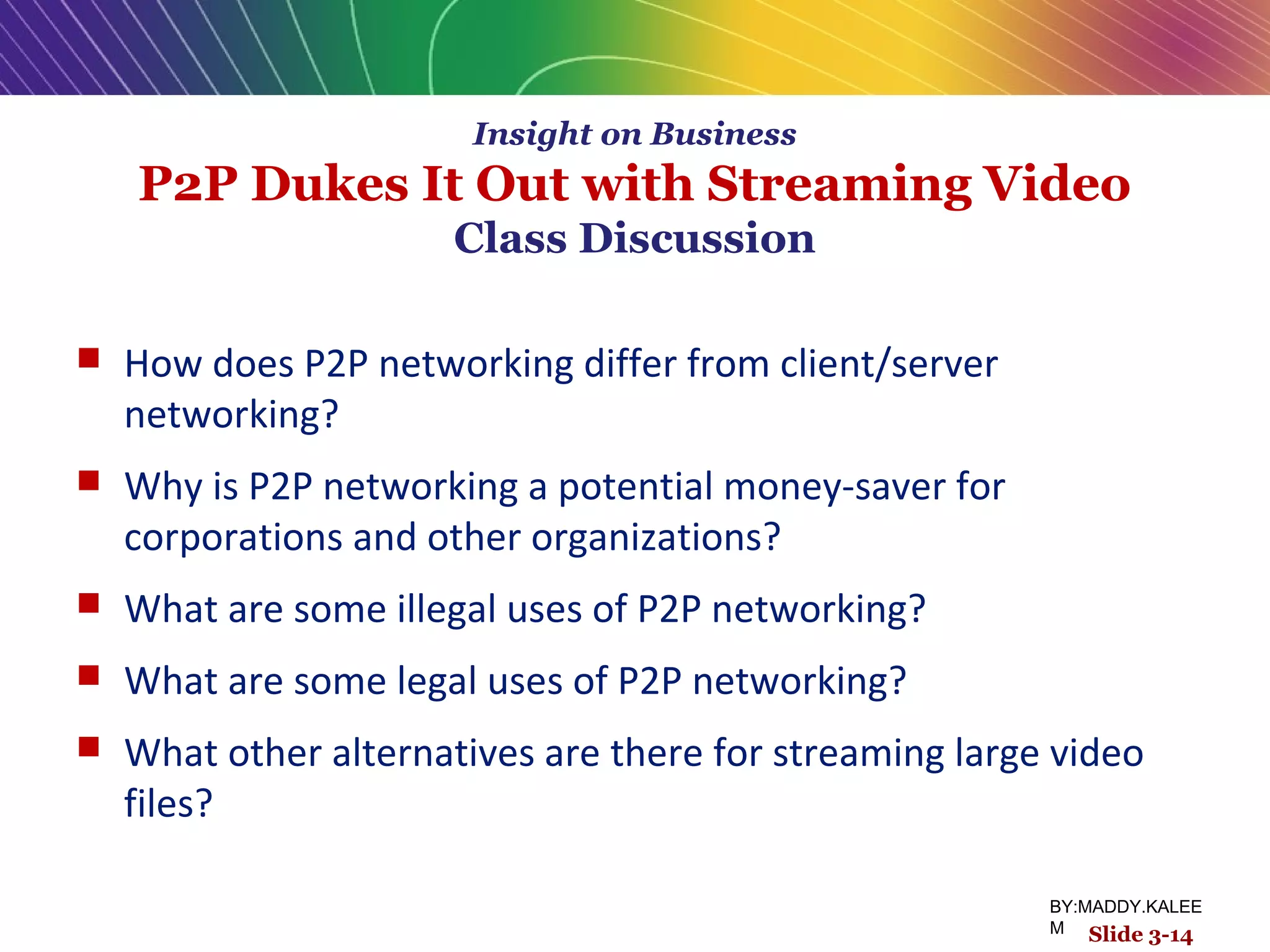 Insight on Business
P2P Dukes It Out with Streaming Video
Class Discussion
 How does P2P networking differ from client/server
networking?
 Why is P2P networking a potential money-saver for
corporations and other organizations?
 What are some illegal uses of P2P networking?
 What are some legal uses of P2P networking?
 What other alternatives are there for streaming large video
files?
Slide 3-14
BY:MADDY.KALEE
M
 