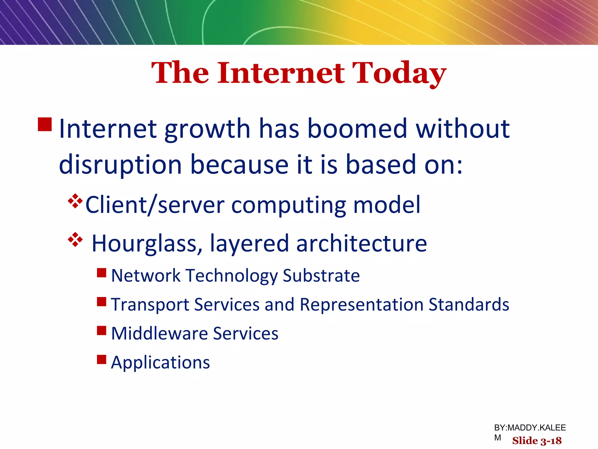 The Internet Today
 Internet growth has boomed without
disruption because it is based on:
Client/server computing model
 Hourglass, layered architecture
 Network Technology Substrate
 Transport Services and Representation Standards
 Middleware Services
 Applications
Slide 3-18
BY:MADDY.KALEE
M
 