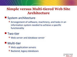 Simple versus Multi-tiered Web Site
Architecture
 System architecture
 Arrangement of software, machinery, and tasks in an
information system needed to achieve a specific
functionality
 Two-tier
 Web server and database server
 Multi-tier
 Web application servers
 Backend, legacy databases
Slide 4-18
BY:MADDY.KALEE
M
 