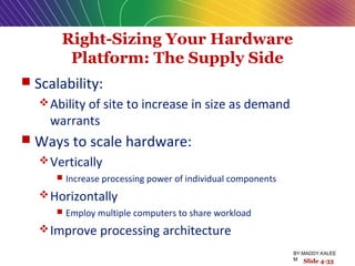 Right-Sizing Your Hardware
Platform: The Supply Side
 Scalability:
Ability of site to increase in size as demand
warrants
 Ways to scale hardware:
Vertically
 Increase processing power of individual components
Horizontally
 Employ multiple computers to share workload
Improve processing architecture
Slide 4-33
BY:MADDY.KALEE
M
 