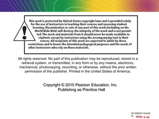 Slide 4-43
All rights reserved. No part of this publication may be reproduced, stored in a
retrieval system, or transmitted, in any form or by any means, electronic,
mechanical, photocopying, recording, or otherwise, without the prior written
permission of the publisher. Printed in the United States of America.
Copyright © 2010 Pearson Education, Inc.  Copyright © 2010 Pearson Education, Inc.  
Publishing as Prentice HallPublishing as Prentice Hall
BY:MADDY.KALEE
M
 