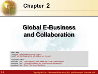 2.1 Copyright © 2013 Pearson Education, Inc. publishing as Prentice Hall
2
Chapter
Global E-Business
and Collaboration
Video Cases:
Case 1 How FedEx Works: Enterprise Systems
Case 2 IT and Geo-Mapping Help a Small Business Succeed
Instructional Videos:
Instructional Video 1 US Foodservice Grows Market with Oracle CRM on Demand
Instructional Video 2 Comverse One Billing and Active Customer Management
Instructional Video 3 Deliver Field Service Excellence
 