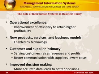 Management Information SystemsManagement Information Systems
CHAPTER 1: INFORMATION IN BUSINESS SYSTEMS TODAY
• Operational excellence:
– Improvement of efficiency to attain higher
profitability
• New products, services, and business models:
– Enabled by technology
• Customer and supplier intimacy:
– Serving customers raises revenues and profits
– Better communication with suppliers lowers costs
• Improved decision making
– More accurate data leads to better decisions
The Role of Information Systems in Business Today
© Prentice Hall 201114
 