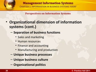 Management Information SystemsManagement Information Systems
CHAPTER 1: INFORMATION IN BUSINESS SYSTEMS TODAY
• Organizational dimension of information
systems (cont.)
– Separation of business functions
• Sales and marketing
• Human resources
• Finance and accounting
• Manufacturing and production
– Unique business processes
– Unique business culture
– Organizational politics
Perspectives on Information Systems
© Prentice Hall 201126
 