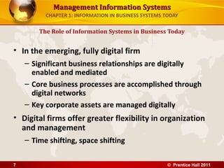 Management Information SystemsManagement Information Systems
CHAPTER 1: INFORMATION IN BUSINESS SYSTEMS TODAY
• In the emerging, fully digital firm
– Significant business relationships are digitally
enabled and mediated
– Core business processes are accomplished through
digital networks
– Key corporate assets are managed digitally
• Digital firms offer greater flexibility in organization
and management
– Time shifting, space shifting
The Role of Information Systems in Business Today
© Prentice Hall 20117
 