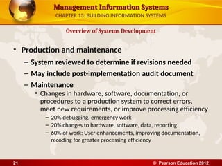 Management Information Systems
Management Information Systems
• Production and maintenance
– System reviewed to determine if revisions needed
– May include post-implementation audit document
– Maintenance
• Changes in hardware, software, documentation, or
procedures to a production system to correct errors,
meet new requirements, or improve processing efficiency
– 20% debugging, emergency work
– 20% changes to hardware, software, data, reporting
– 60% of work: User enhancements, improving documentation,
recoding for greater processing efficiency
Overview of Systems Development
CHAPTER 13: BUILDING INFORMATION SYSTEMS
© Pearson Education 2012
21
 
