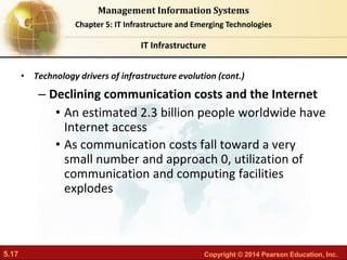 5.17 Copyright © 2014 Pearson Education, Inc.
Management Information Systems
Chapter 5: IT Infrastructure and Emerging Technologies
• Technology drivers of infrastructure evolution (cont.)
– Declining communication costs and the Internet
• An estimated 2.3 billion people worldwide have
Internet access
• As communication costs fall toward a very
small number and approach 0, utilization of
communication and computing facilities
explodes
IT Infrastructure
 