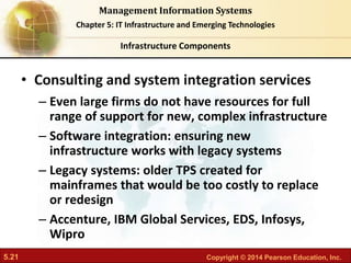 5.21 Copyright © 2014 Pearson Education, Inc.
Management Information Systems
Chapter 5: IT Infrastructure and Emerging Technologies
• Consulting and system integration services
– Even large firms do not have resources for full
range of support for new, complex infrastructure
– Software integration: ensuring new
infrastructure works with legacy systems
– Legacy systems: older TPS created for
mainframes that would be too costly to replace
or redesign
– Accenture, IBM Global Services, EDS, Infosys,
Wipro
Infrastructure Components
 