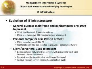 5.6 Copyright © 2014 Pearson Education, Inc.
Management Information Systems
Chapter 5: IT Infrastructure and Emerging Technologies
• Evolution of IT infrastructure
– General-purpose mainframe and minicomputer era: 1959
to present
• 1958: IBM first mainframes introduced
• 1965: less expensive DEC minicomputers introduced
– Personal computer era: 1981 to present
• 1981: Introduction of IBM PC
• Proliferation in 80s, 90s resulted in growth of personal software
– Client/server era: 1983 to present
• Desktop clients networked to servers, with processing work split
between clients and servers
• Network may be two-tiered or multitiered (N-tiered)
• Various types of servers (network, application, Web)
IT Infrastructure
 