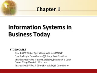 Information Systems inInformation Systems in
Business TodayBusiness Today
Chapter 1
VIDEO CASES
Case 1: UPS Global Operations with the DIAD IV
Case 2: Google Data Center Efficiency Best Practices
Instructional Video 1: Green Energy Efficiency in a Data
Center Using Tivoli Architecture
Instructional Video 2: Tour IBM’s Raleigh Data Center
 