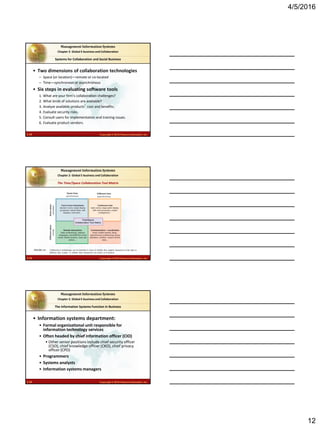 4/5/2016
12
2.34 Copyright © 2016 Pearson Education, Inc.
Management Information Systems
Chapter 2: Global E-business and Collaboration
• Two dimensions of collaboration technologies
– Space (or location)—remote or co-located
– Time—synchronous or asynchronous
• Six steps in evaluating software tools
1. What are your firm’s collaboration challenges?
2. What kinds of solutions are available?
3. Analyze available products’ cost and benefits.
4. Evaluate security risks.
5. Consult users for implementation and training issues.
6. Evaluate product vendors.
Systems for Collaboration and Social Business
2.35 Copyright © 2016 Pearson Education, Inc.
Management Information Systems
Chapter 2: Global E-business and Collaboration
Collaboration technologies can be classified in terms of whether they support interactions at the same or
different time or place or whether these interactions are remote or co-located.
FIGURE 2-8
The Time/Space Collaboration Tool Matrix
2.36 Copyright © 2016 Pearson Education, Inc.
Management Information Systems
Chapter 2: Global E-business and Collaboration
• Information systems department:
• Formal organizational unit responsible for
information technology services
• Often headed by chief information officer (CIO)
• Other senior positions include chief security officer
(CSO), chief knowledge officer (CKO), chief privacy
officer (CPO)
• Programmers
• Systems analysts
• Information systems managers
The Information Systems Function in Business
 