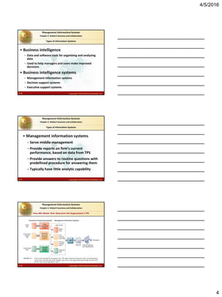 4/5/2016
4
2.10 Copyright © 2016 Pearson Education, Inc.
Management Information Systems
Chapter 2: Global E-business and Collaboration
• Business intelligence
– Data and software tools for organizing and analyzing
data
– Used to help managers and users make improved
decisions
• Business intelligence systems
– Management information systems
– Decision support systems
– Executive support systems
Types of Information Systems
2.11 Copyright © 2016 Pearson Education, Inc.
Management Information Systems
Chapter 2: Global E-business and Collaboration
• Management information systems
– Serve middle management
– Provide reports on firm’s current
performance, based on data from TPS
– Provide answers to routine questions with
predefined procedure for answering them
– Typically have little analytic capability
Types of Information Systems
2.12 Copyright © 2016 Pearson Education, Inc.
Management Information Systems
Chapter 2: Global E-business and Collaboration
In the system illustrated by this diagram, three TPS supply summarized transaction data to the MIS reporting
system at the end of the time period. Managers gain access to the organizational data through the MIS, which
provides them with the appropriate reports.
FIGURE 2-3
How MIS Obtain Their Data from the Organization’s TPS
 