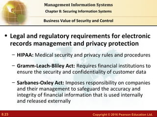 8.23 Copyright © 2016 Pearson Education Ltd.
Management Information Systems
Chapter 8: Securing Information Systems
• Legal and regulatory requirements for electronic
records management and privacy protection
– HIPAA: Medical security and privacy rules and procedures
– Gramm-Leach-Bliley Act: Requires financial institutions to
ensure the security and confidentiality of customer data
– Sarbanes-Oxley Act: Imposes responsibility on companies
and their management to safeguard the accuracy and
integrity of financial information that is used internally
and released externally
Business Value of Security and Control
 