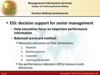 12.31 Copyright © 2016 Pearson Education Ltd.
Management Information Systems
Chapter 12: Enhancing Decision Making
• ESS: decision support for senior management
– Help executives focus on important performance
information
– Balanced scorecard method:
• Measures outcomes on four dimensions:
1. Financial
2. Business process
3. Customer
4. Learning and growth
• Key performance indicators (KPIs) measure each
dimension
Decision-Making Constituencies
 