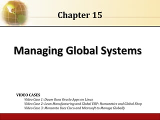 6.1 Copyright © 2014 Pearson Education, Inc. publishing as Prentice Hall
Managing Global SystemsManaging Global Systems
Chapter 15
VIDEO CASES
Video Case 1: Daum Runs Oracle Apps on Linux
Video Case 2: Lean Manufacturing and Global ERP: Humanetics and Global Shop
Video Case 3: Monsanto Uses Cisco and Microsoft to Manage Globally
 