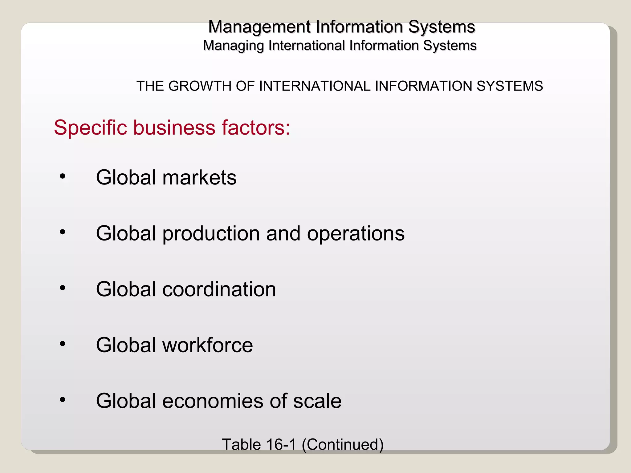 Management Information Systems Managing International Information Systems  THE GROWTH OF INTERNATIONAL INFORMATION SYSTEMS  Global markets  Global production and operations  Global coordination  Global workforce  Global economies of scale  Specific business factors:  Table 16-1 (Continued) 