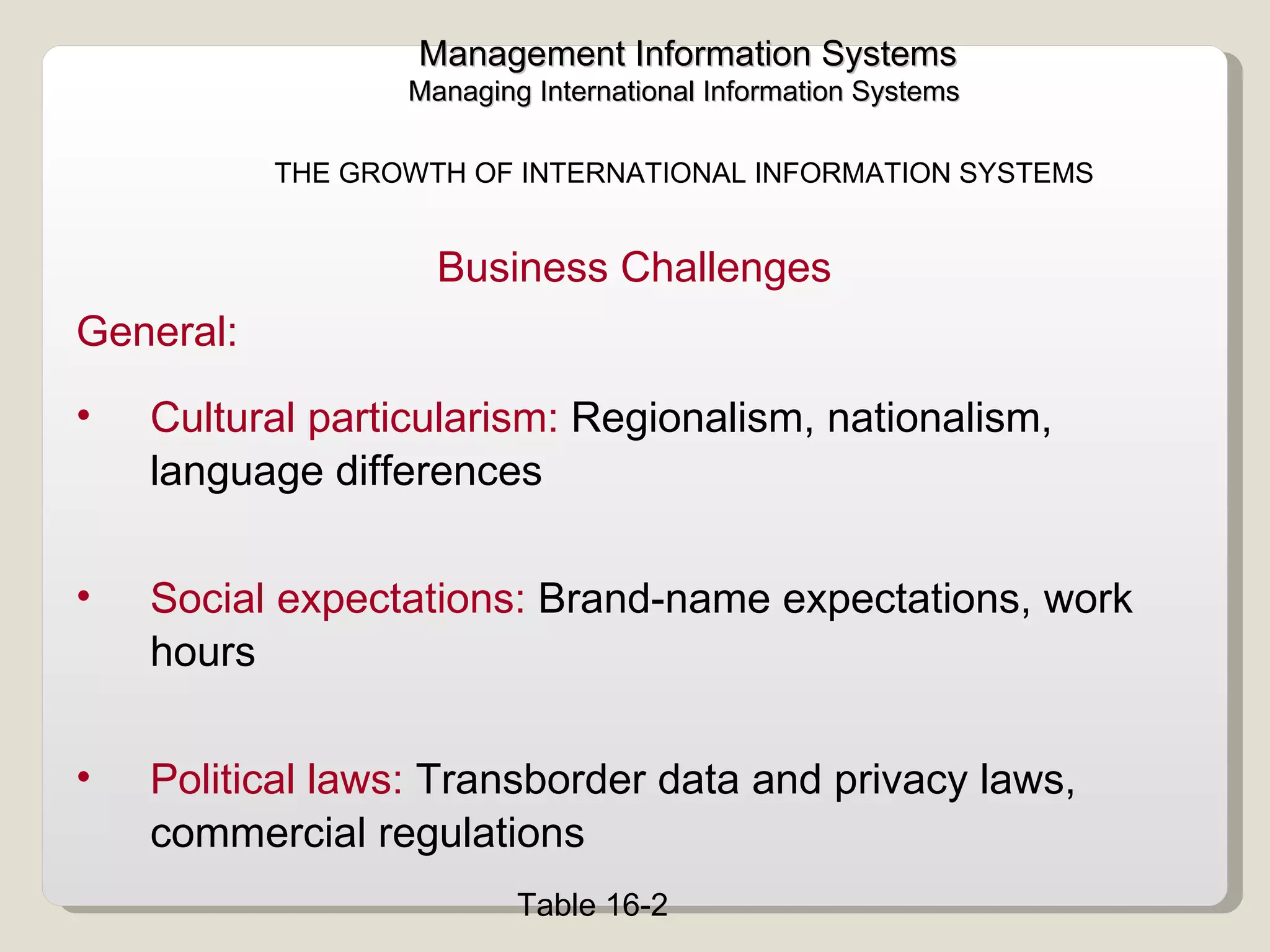 Management Information Systems Managing International Information Systems  THE GROWTH OF INTERNATIONAL INFORMATION SYSTEMS  Business Challenges  Cultural particularism:  Regionalism, nationalism, language differences Social expectations:  Brand-name expectations, work hours  Political laws:  Transborder data and privacy laws, commercial regulations  General:  Table 16-2 