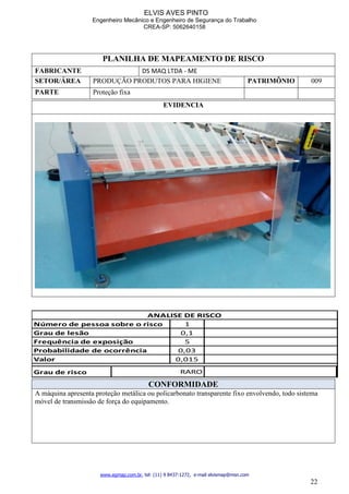 ELVIS AVES PINTO
Engenheiro Mecânico e Engenheiro de Segurança do Trabalho
CREA-SP: 5062640158
www.egmap.com.br, tel: (11) 9 8437-1272, e-mail elvismap@msn.com
22
PLANILHA DE MAPEAMENTO DE RISCO
FABRICANTE DS MAQ LTDA - ME
SETOR/ÁREA PRODUÇÃO PRODUTOS PARA HIGIENE PATRIMÔNIO 009
PARTE Proteção fixa
EVIDENCIA
1
0,1
5
0,03
0,015
Grau de risco 1
Probabilidade de ocorrência
Valor
RARO
ANALISE DE RISCO
Número de pessoa sobre o risco
Grau de lesão
Frequência de exposição
CONFORMIDADE
A máquina apresenta proteção metálica ou policarbonato transparente fixo envolvendo, todo sistema
móvel de transmissão de força do equipamento.
 
