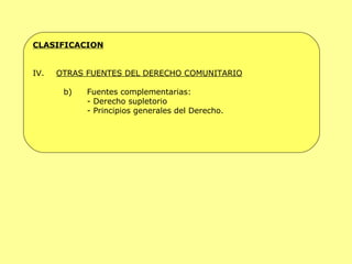 CLASIFICACION OTRAS FUENTES DEL DERECHO COMUNITARIO b) Fuentes complementarias: - Derecho supletorio - Principios generales del Derecho. 