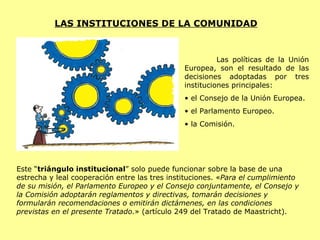 LAS INSTITUCIONES DE LA COMUNIDAD Las políticas de la Unión Europea, son el resultado de las decisiones adoptadas por tres instituciones principales: el Consejo de la Unión Europea. el Parlamento Europeo. la Comisión. Este “ triángulo institucional ” solo puede funcionar sobre la base de una estrecha y leal cooperación entre las tres instituciones. « Para el cumplimiento de su misión, el Parlamento Europeo y el Consejo conjuntamente, el Consejo y la Comisión adoptarán reglamentos y directivas, tomarán decisiones y formularán recomendaciones o emitirán dictámenes, en las condiciones previstas en el presente Tratado. » (artículo 249 del Tratado de Maastricht).  