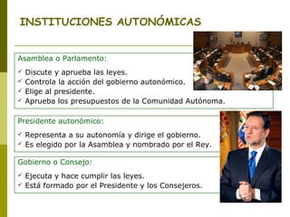INSTITUCIONES AUTONÓMICAS
Presidente autonómico:
 Representa a su autonomía y dirige el gobierno.
 Es elegido por la Asamblea y nombrado por el Rey.
Asamblea o Parlamento:
 Discute y aprueba las leyes.
 Controla la acción del gobierno autonómico.
 Elige al presidente.
 Aprueba los presupuestos de la Comunidad Autónoma.
Gobierno o Consejo:
 Ejecuta y hace cumplir las leyes.
 Está formado por el Presidente y los Consejeros.
 