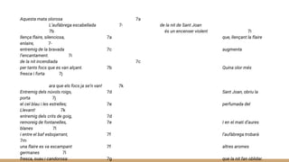 Aquesta mata olorosa 7a
L’aufàbrega escabellada 7- de la nit de Sant Joan
7b és un encenser violent 7i
llença flaire, silenciosa, 7a que, llençant la flaire
enlaire, 7-
entremig de la bravada 7c augmenta
l’encantament. 7i
de la nit incendiada 7c
per tants focs que es van alçant. 7b Quina olor més
fresca i forta 7j
ara que els focs ja se’n van! 7k
Entremig dels núvols roigs, 7d Sant Joan, obriu la
porta 7j
el cel blau i les estrelles; 7e perfumada del
Llevant! 7k
entremig dels crits de goig, 7d
remoreig de fontanelles, 7e I en el matí d’aures
blanes 7l
i entre el baf esbojarrant, 7f l’aufàbrega trobarà
7m
una flaire es va escampant 7f altres aromes
germanes 7l
fresca, suau i candorosa: 7g que la nit fan oblidar.
 