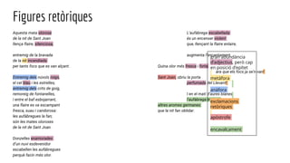 Figures retòriques
Aquesta mata olorosa L’aufàbrega escabellada
de la nit de Sant Joan és un encenser violent
llença flaire, silenciosa, que, llençant la flaire enlaire,
entremig de la bravada augmenta l’encantament.
de la nit incendiada
per tants focs que es van alçant. Quina olor més fresca i forta
ara que els focs ja se’n van!
Entremig dels núvols roigs, Sant Joan, obriu la porta
el cel blau i les estrelles; perfumada del Llevant!
entremig dels crits de goig,
remoreig de fontanelles, I en el matí d’aures blanes
i entre el baf esbojarrant, l’aufàbrega trobarà
una flaire es va escampant altres aromes germanes
fresca, suau i candorosa: que la nit fan oblidar.
les aufàbregues la fan;
són les mates oloroses
de la nit de Sant Joan.
Donzelles enamorades
d’un nuvi esdevenidor
escabellen les aufàbregues
perquè facin més olor.
gran abundància
d’adjectius, però cap
en posició d’epítet
metàfora
anàfora
exclamacions
retòriques
apòstrofe
encavalcament
 