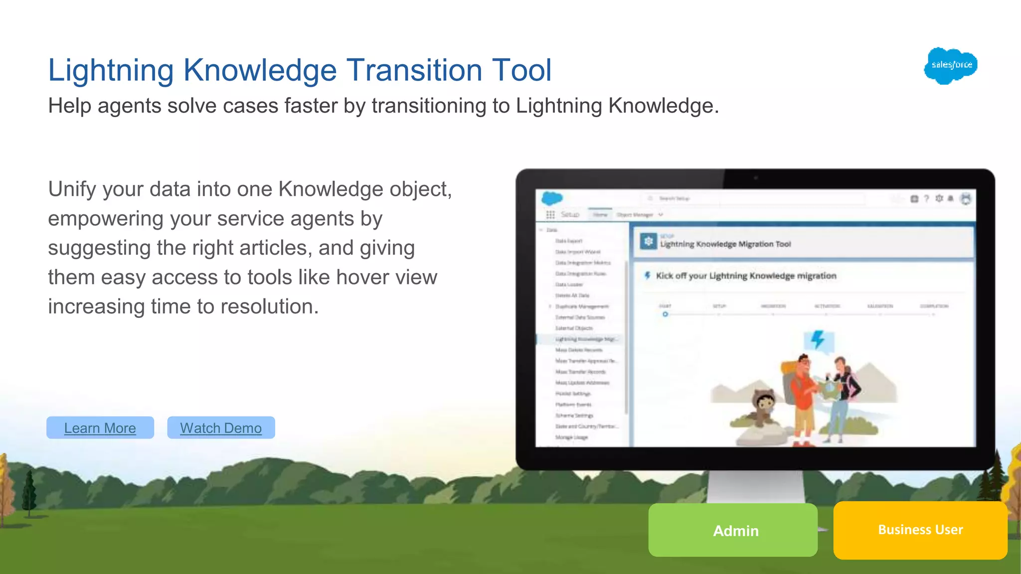Learn More Watch Demo
Business User
Lightning Knowledge Transition Tool
Unify your data into one Knowledge object,
empowering your service agents by
suggesting the right articles, and giving
them easy access to tools like hover view
increasing time to resolution.
Help agents solve cases faster by transitioning to Lightning Knowledge.
Admin
 