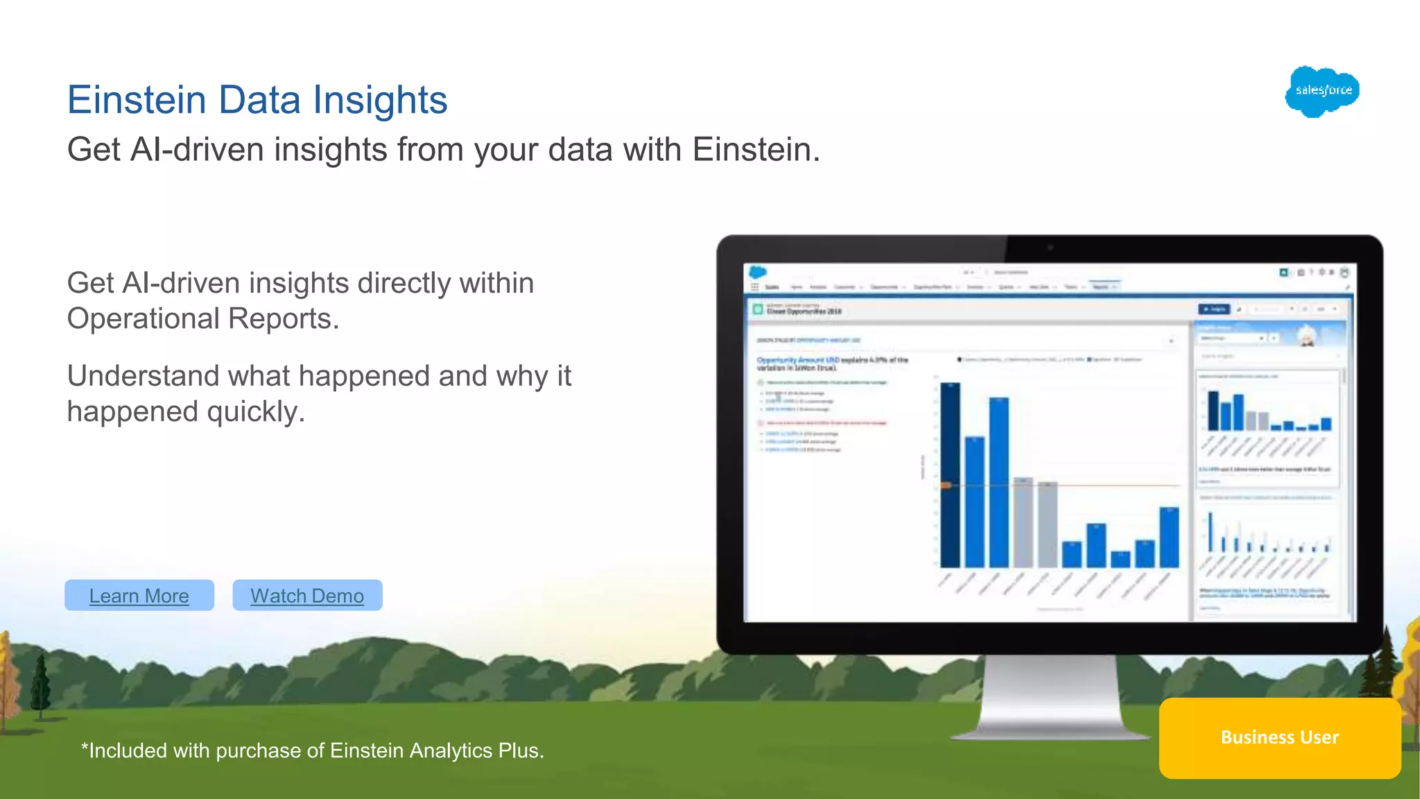 Einstein Data Insights
Get AI-driven insights directly within
Operational Reports.
Understand what happened and why it
happened quickly.
Get AI-driven insights from your data with Einstein.
Learn More Watch Demo
Business User
*Included with purchase of Einstein Analytics Plus.
 