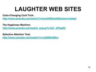 36
LAUGHTER WEB SITES
Color-Changing Card Trick:
http://www.youtube.com/watch?v=asxUtX8Hyd4&feature=related
The Happiness Machine:
http://www.youtube.com/watch_popup?v=lqT_dPApj9U
Selective Attention Test:
http://www.youtube.com/watch?v=vJG698U2Mvo
 