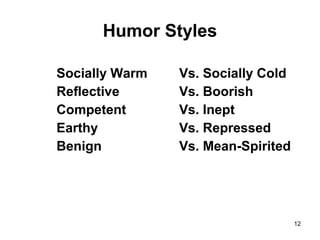 12
Humor Styles
Socially Warm
Reflective
Competent
Earthy
Benign
Vs. Socially Cold
Vs. Boorish
Vs. Inept
Vs. Repressed
Vs. Mean-Spirited
 