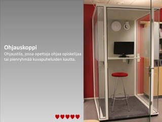 Ohjauskoppi
Ohjaustila, jossa opettaja ohjaa opiskelijaa
tai pienryhmää kuvapuheluiden kautta.
 