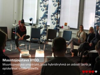 Muuntojoustava BYOD
Muuntojoustava ympäristö, jossa hybridiryhmä on aidosti läsnä ja
opiskelevat omilla laitteilla.
.
 