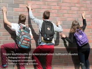 Tilojen käyttöönotto on kokonaisvaltainen kulttuurin muutos
• Pedagoginen vierituki
• Pedagogiset toimintamallit
• Työkalut – Learning activities
 