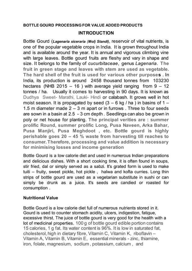 BOTTLE GOURD PROCESSING FOR VALUE ADDED PRODUCTS AND ENTREPRENEURSHIP DEVELOPMENT PDF