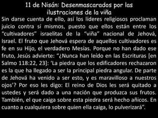 11 de Nisán: Desenmascarados por las ilustraciones de la viñaSin darse cuenta de ello, así los líderes religiosos proclaman juicio contra sí mismos, puesto que ellos están entre los “cultivadores” israelitas de la “viña” nacional de Jehová, Israel. El fruto que Jehová espera de aquellos cultivadores es fe en su Hijo, el verdadero Mesías. Porque no han dado ese fruto, Jesús advierte: “¿Nunca han leído en las Escrituras [en Salmo 118:22, 23]: ‘La piedra que los edificadores rechazaron es la que ha llegado a ser la principal piedra angular. De parte de Jehová ha venido a ser esto, y es maravilloso a nuestros ojos’? Por eso les digo: El reino de Dios les será quitado a ustedes y será dado a una nación que produzca sus frutos. También, el que caiga sobre esta piedra será hecho añicos. En cuanto a cualquiera sobre quien ella caiga, lo pulverizará”.