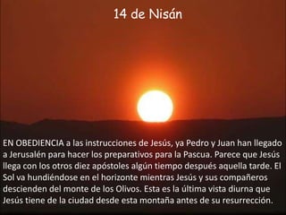 14 de NisánEN OBEDIENCIA a las instrucciones de Jesús, ya Pedro y Juan han llegado a Jerusalén para hacer los preparativos para la Pascua. Parece que Jesús llega con los otros diez apóstoles algún tiempo después aquella tarde. El Sol va hundiéndose en el horizonte mientras Jesús y sus compañeros descienden del monte de los Olivos. Esta es la última vista diurna que Jesús tiene de la ciudad desde esta montaña antes de su resurrección.