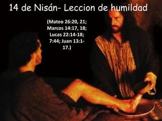 14 de Nisán- Leccion de humildad(Mateo 26:20, 21; Marcos 14:17, 18; Lucas 22:14-18; 7:44; Juan 13:1-17.)
