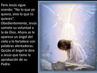 Pero Jesús sigue orando: “No lo que yo quiero, sino lo que tú quieres”. Obedientemente, Jesús somete su voluntad a la de Dios. Ahora se le aparece un ángel del cielo y lo fortalece con palabras alentadoras. Quizás el ángel le dice a Jesús que tiene la aprobación de su Padre.