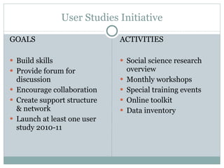 User Studies Initiative GOALS Build skills Provide forum for discussion Encourage collaboration Create support structure & network Launch at least one user study 2010-11 ACTIVITIES Social science research overview Monthly workshops Special training events Online toolkit Data inventory 