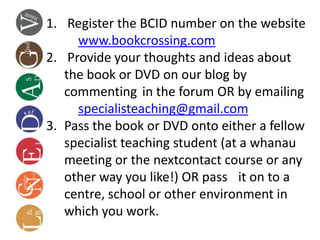 1. Register the BCID number on the website
     www.bookcrossing.com
2. Provide your thoughts and ideas about
   the book or DVD on our blog by
   commenting in the forum OR by emailing
     specialisteaching@gmail.com
3. Pass the book or DVD onto either a fellow
   specialist teaching student (at a whanau
   meeting or the nextcontact course or any
   other way you like!) OR pass it on to a
   centre, school or other environment in
   which you work.
 
