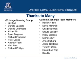 Thanks to Many eXchange Steering Group Liz Baré  Donald Speagle Dianne Chambers  Alister Air Peter Tregloan Richard Frampton  Peter Jones Andrew Yeoh Ken Knot Richard Phillips Current eXchange Team Members Reuchlin Teo David Marshall  Ché Broekman  Ursula Soulsby Hilary Sissons Michelle Ely Ange Mcharg  Aaron Goldberg Timothy Uhen Hanh Kinh Tran  Dan Su 