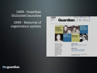 1999 - Guardian
Unlimited launches

 1999 - Removal of
registration system

   1999 - RSS feeds

        1999 - Free
     ...