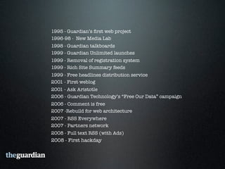 guardian.co.uk
• 1 million items of content published
  between 1999 - 2008
• News, reviews, sports, comment,
  debate
• t...