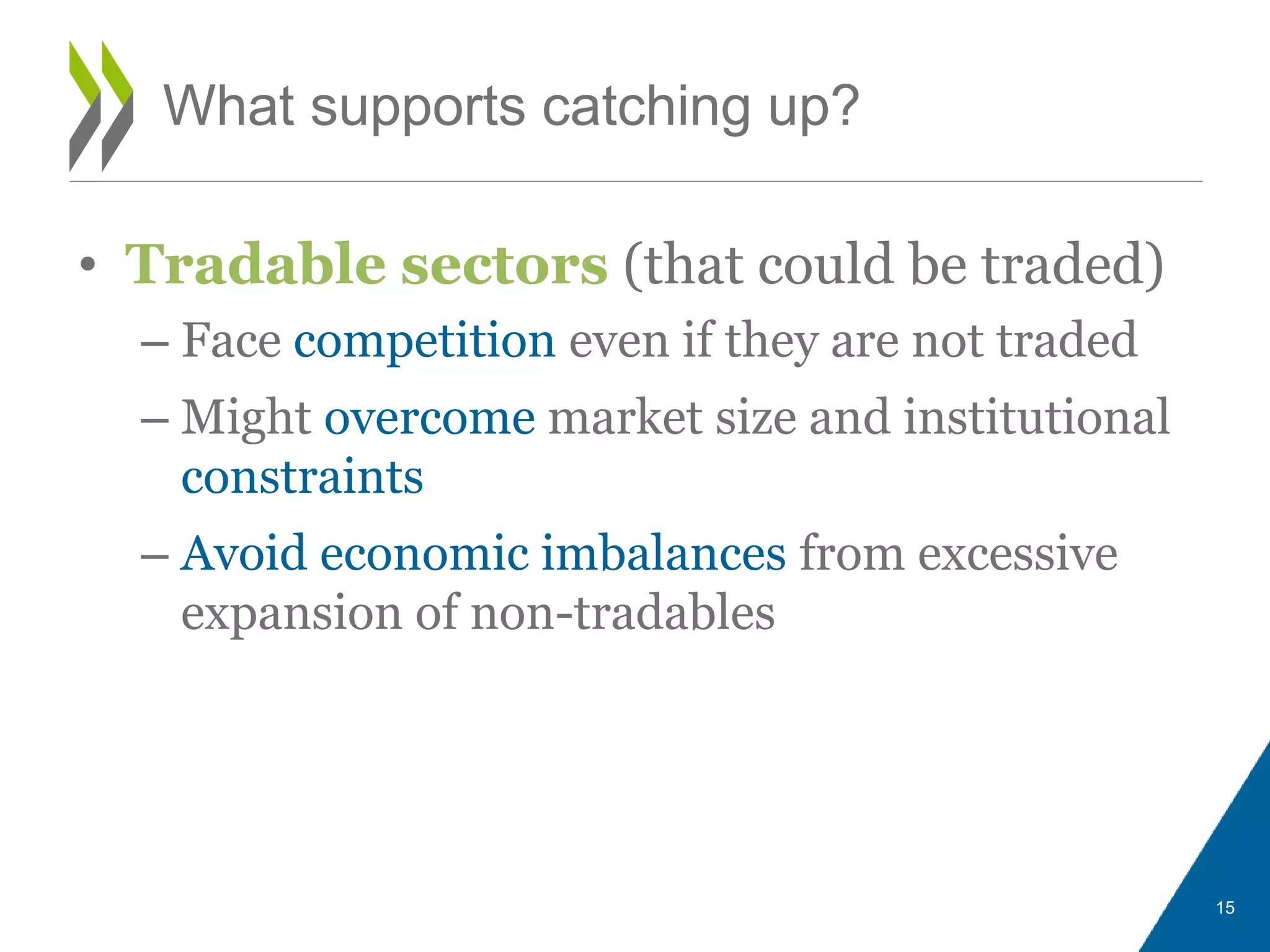 • Tradable sectors (that could be traded)
– Face competition even if they are not traded
– Might overcome market size and institutional
constraints
– Avoid economic imbalances from excessive
expansion of non-tradables
15
What supports catching up?
 