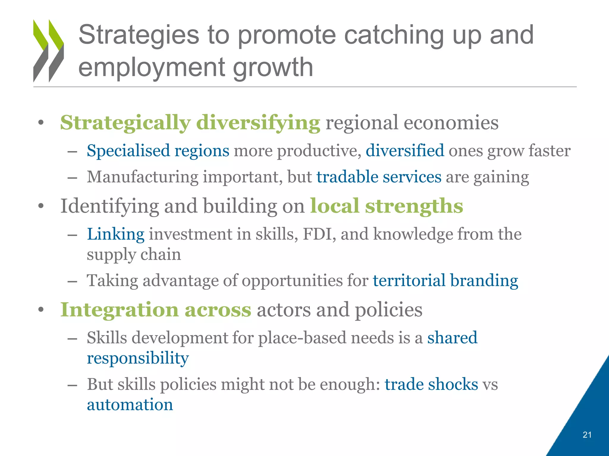 • Strategically diversifying regional economies
– Specialised regions more productive, diversified ones grow faster
– Manufacturing important, but tradable services are gaining
• Identifying and building on local strengths
– Linking investment in skills, FDI, and knowledge from the
supply chain
– Taking advantage of opportunities for territorial branding
• Integration across actors and policies
– Skills development for place-based needs is a shared
responsibility
– But skills policies might not be enough: trade shocks vs
automation
Strategies to promote catching up and
employment growth
21
 