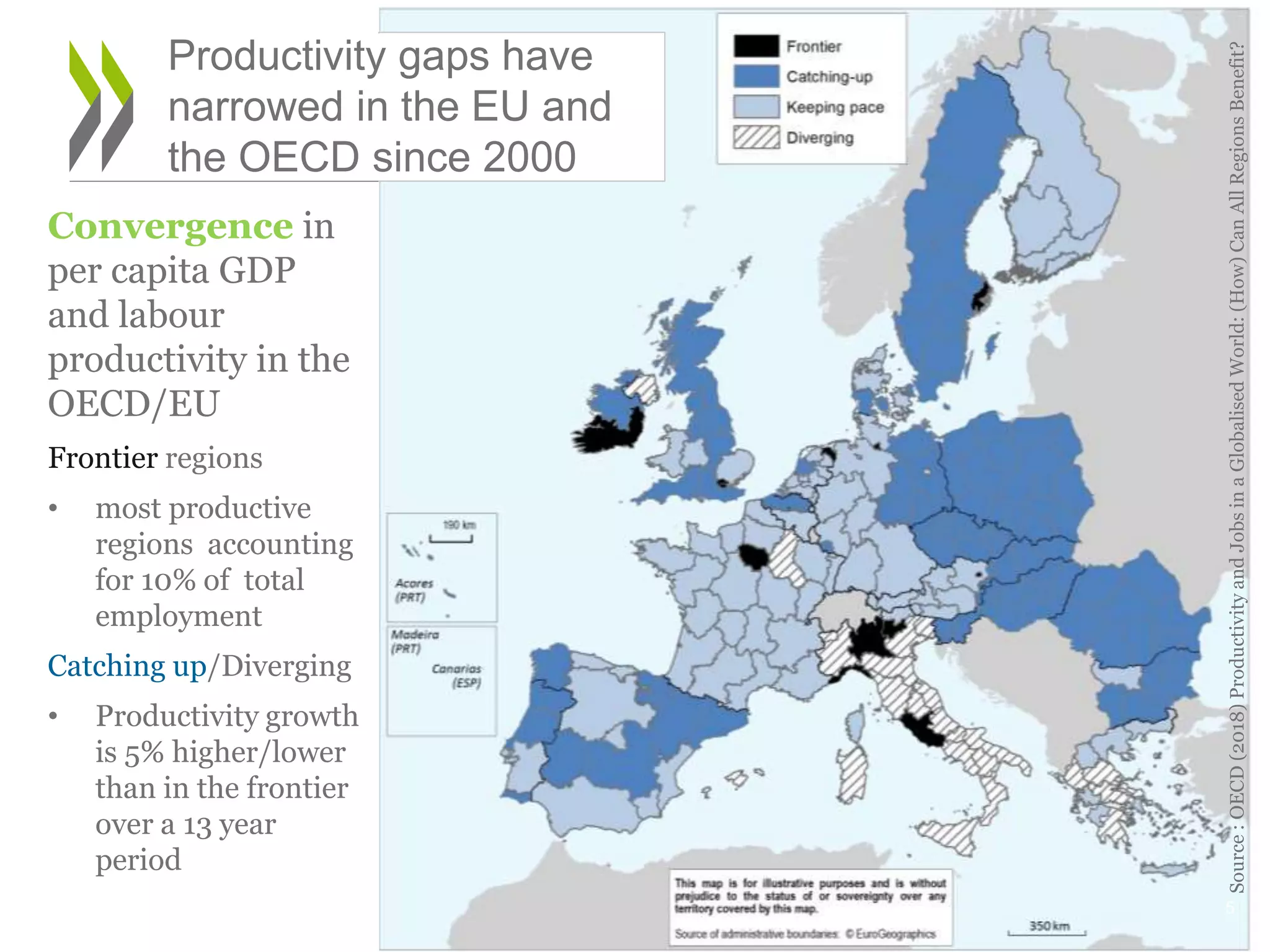 Convergence in
per capita GDP
and labour
productivity in the
OECD/EU
Frontier regions
• most productive
regions accounting
for 10% of total
employment
Catching up/Diverging
• Productivity growth
is 5% higher/lower
than in the frontier
over a 13 year
period
5
Source:OECD(2018)ProductivityandJobsinaGlobalisedWorld:(How)CanAllRegionsBenefit?
Productivity gaps have
narrowed in the EU and
the OECD since 2000
 