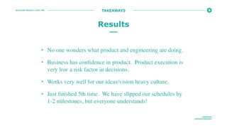 BUILDING PRODUCT POST PMF
@ROBFAN
@SHARETHROUGH
TAKEAWAYS
• No one wonders what product and engineering are doing.
• Business has conﬁdence in product. Product execution is
very low a risk factor in decisions.
• Works very well for our ideas/vision heavy culture.
• Just ﬁnished 5th time. We have slipped our schedules by
1-2 milestones, but everyone understands!
Results
 