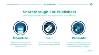 BUILDING PRODUCT POST PMF
@ROBFAN
@SHARETHROUGH
BACKGROUND
Monetize
Monetize your site or app with
premium brand content across all
connected devices.
Sell
Sell your own in-feed ads through
our self-serve technology platform.
Promote
Increase exposure for your sponsored
content programs by promoting stories
across the Sharethrough Exchange.
Sharethrough For Publishers
The Complete Native Monetization Solution For Modern Content Publishers
 